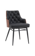 Modern Indoor Metal Chair with Tufted Black Faux Leather Upholstery, Veneer Backrest