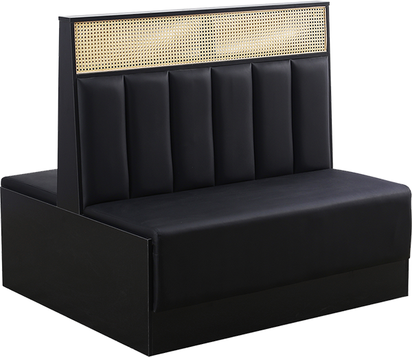 6-Vertical-Channel Black Vinyl Double Booth with Natural Woven Rattan Head Roll